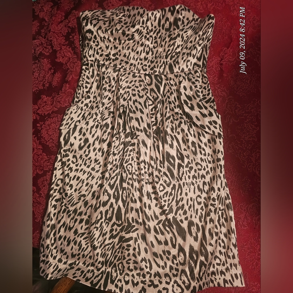 Womens Leopard Print Satin Strapless Dress size XS